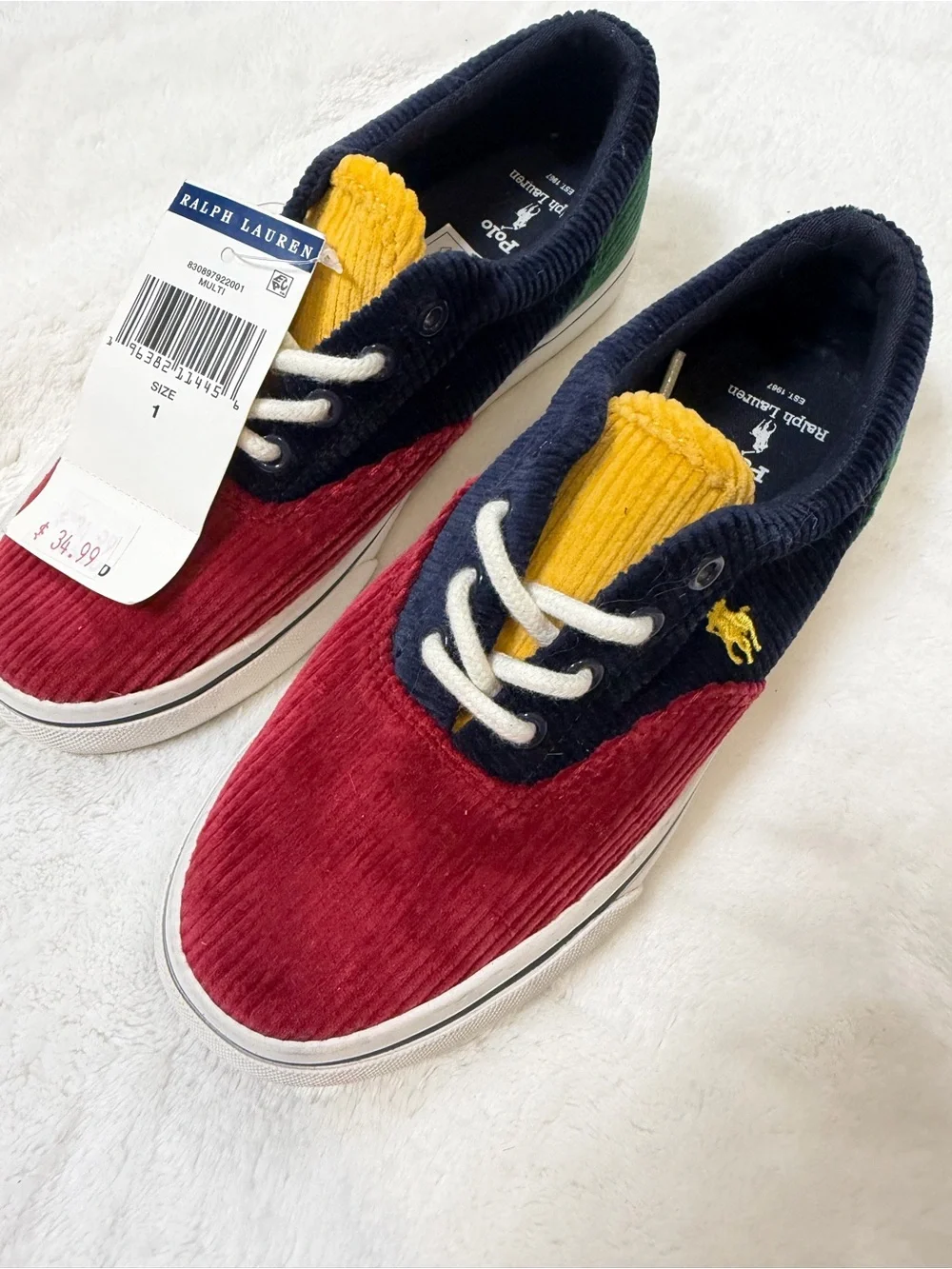 Polo by Ralph Lauren Kids Corduroy Sneakers in Red, Navy & Yellow